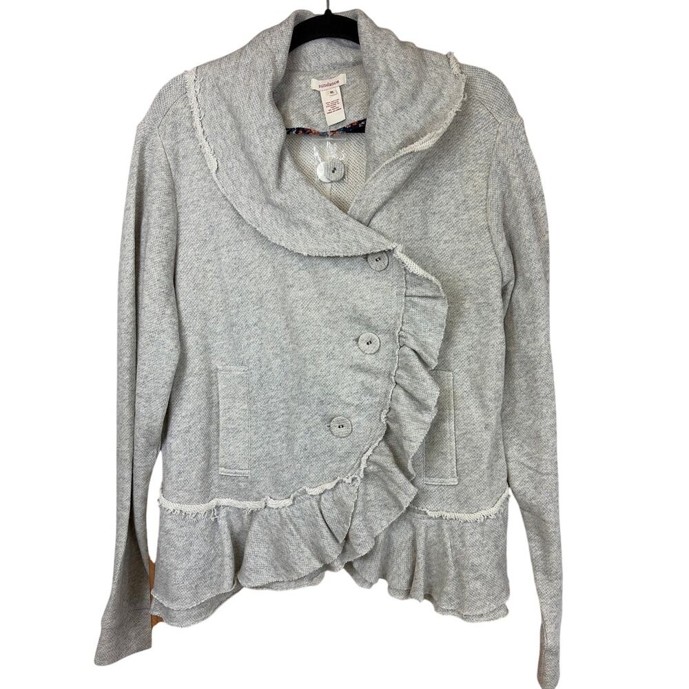 Sundance Gray Ruffled Button Up Long Sleeve Jacket Two Pockets Size XL